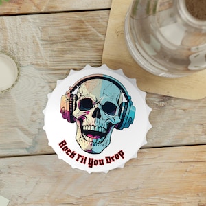 Rock Til You Drop Skull Bottle Opener | Magnetic, Cap-Shaped, Dual-Action, 3&quot;