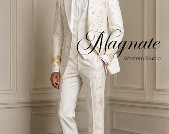 Luxury Celestial Constellation Ivory Tuxedo Suit for Men, Embroidered Groom Wedding Suit, Bespoke White Formal Tuxedo, Luxury Gala Suit