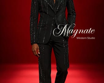 Luxuriöser schwarzer Strassanzug für Herren, funkelnder Designer-Hochzeitsanzug, kristallverzierter Bräutigam-Smoking, handgefertigtes Outfit für den roten Teppich