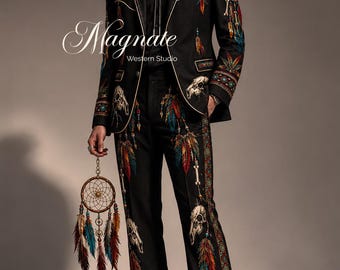 Luxury Western Dreamcatcher Embroidered Suit for Men – Bespoke Statement Suit with Feather, Antler & Skull Embroidery | Custom Rodeo Outfit