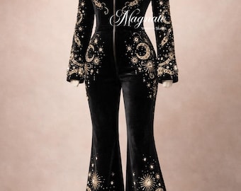 Luxury Black Velvet Jumpsuit Women, Gold Embroidered Celestial Suit, Pearl Rhinestone Evening Outfit, Wedding Reception Outfit, Flared Pants