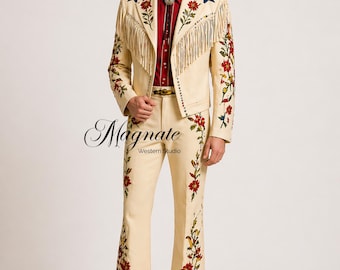 Luxury Western Fringe Embroidered Suit for Men | Cowboy Rodeo Outfit | Vintage Country Concert Suit | Custom Floral EmbroideryJacket & Pants