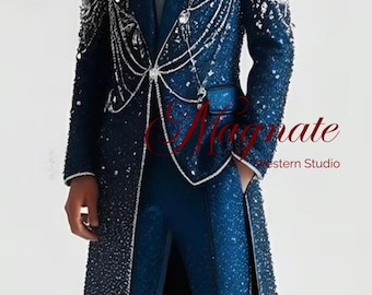 Luxury Hand-Embellished Men’s Blue Suit | Crystal Beaded Tailcoat Blazer & Pants | Custom Formal Stage Outfit