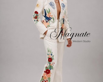 Women's White Embroidered Western Suit, Custom Pantsuit, Handmade Cowgirl Wedding Suit, Bespoke Western Blazer Set, Couture Women's Suit