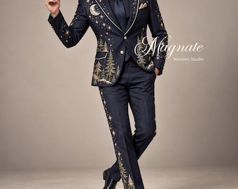 Men’s Celestial Western Suit, Navy Embroidered Wedding Suit, Moon Star Forest Groom Suit, Custom Cosmic Cowboy Tuxedo