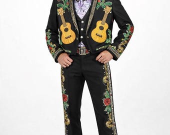 Custom Hand-Embroidered Guitar & Rose Nudie Suit - Vintage Western Mariachi Style Suit - Rhinestone Studded Cowboy Tuxedo