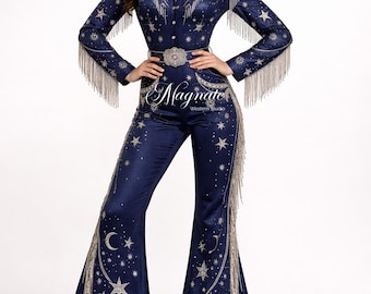 Navy Blue Star Embellished Jumpsuit Women, Rhinestone Fringe Western Outfit, Celestial Flare Pants Suit, Concert Outfit, Festival Wear