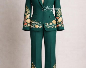 Emerald Green Women Suit Set, Embroidered Blazer Pants Set, Beach Theme Shell Embroidery Suit, Formal Wedding Guest Outfit, Flared Pants Set