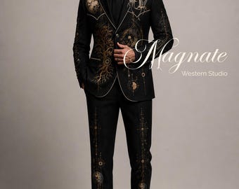 Custom Celestial Embroidered Suit for Men – Moon & Tree Design Western Suit, Luxury Bespoke Formal Wear, Wedding Groom Suit