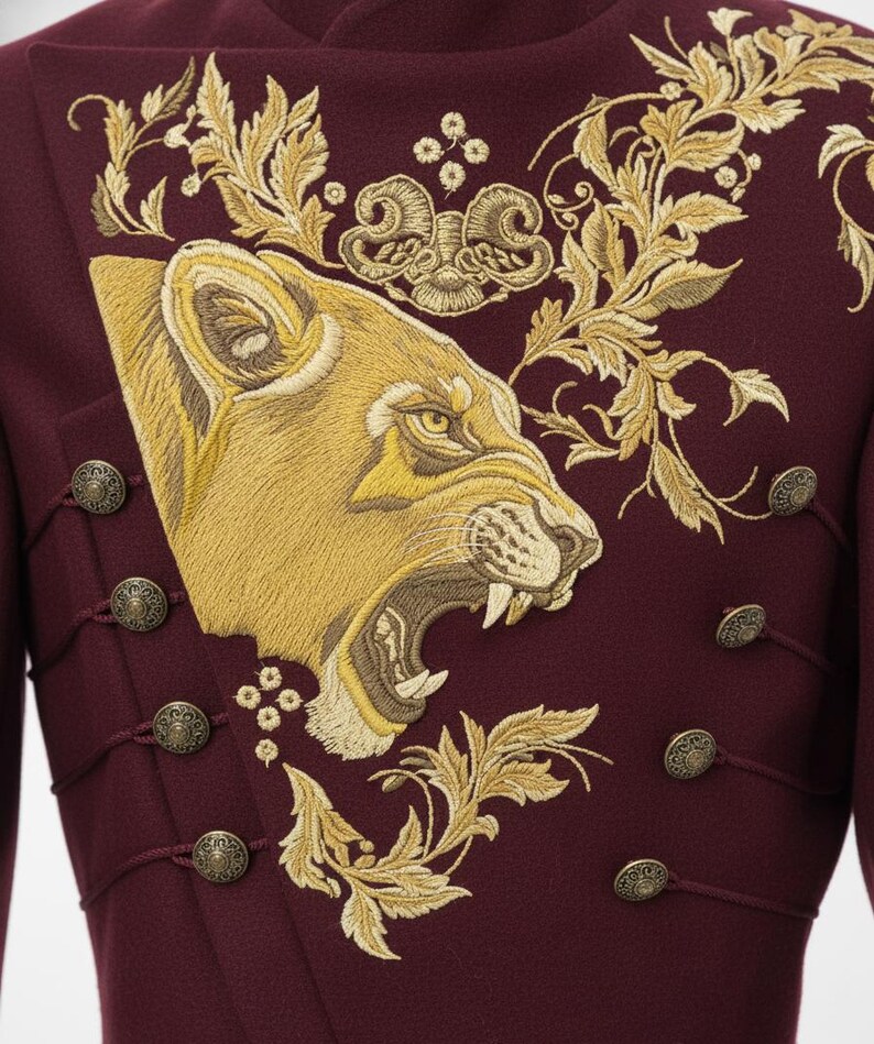 K&ouml;nnte beinhalten: Ein burgunderfarbener Mantel mit aufwendiger goldener Stickerei, die einen br&uuml;llenden L&ouml;wenkopf und florale Muster zeigt. Der Mantel hat dekorative Kn&ouml;pfe und einen hohen Kragen und zeigt ein k&ouml;nigliches und detailliertes Design.