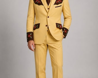 Men’s Mustard Yellow Western Suit, Embroidered Cowboy Wedding Suit, Vintage Country Groom Outfit, Custom 3 Piece Western Suit for Men