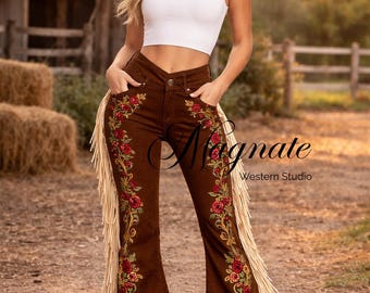 Custom Hand-Embroidered Brown Western Flare Pants - Rose Floral Nudie Suit Inspired Trousers with Side Fringe - Luxury Cowgirl Couture