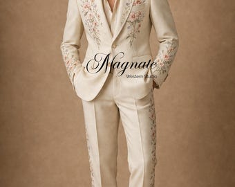 Ivory Floral Embroidered Men’s Suit, Cream Wedding Suit for Groom, Hand Embroidery Suit Set, Luxury Formal Outfit, Reception & Event Wear