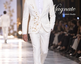 White Wedding Suit for Men, Gold Floral Embroidered Groom Tuxedo, Custom Ivory Wedding Suit, Personalized Formal Groom Outfit