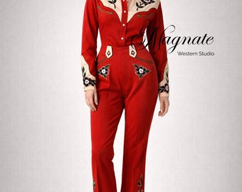 Retro Western Cowgirl Jumpsuit - Rot & Creme besticktes Blumen Rockabilly Outfit - Vintage Style Western Show Suit mit Perlen Snap Details