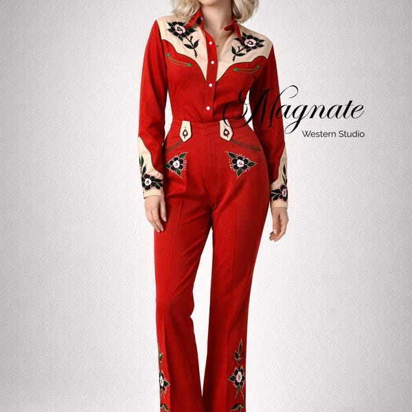 Retro Western Cowgirl Jumpsuit - Red & Cream Embroidered Floral Rockabilly Outfit - Vintage Style Western Show Suit with Pearl Snap Details