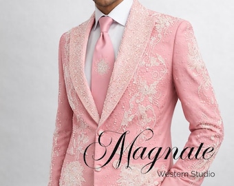 Bespoke Men’s Pink Western Wedding Suit - Hand-Embroidered Pearl Beadwork Nudie Style Suit - Luxury Wear - Custom Prom & Stage Outfit