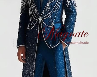Luxury Hand-Embellished Men’s Blue Suit | Crystal Beaded Tailcoat Blazer & Pants | Custom Formal Stage Outfit