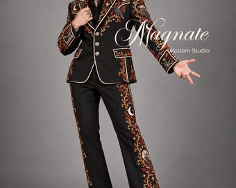 Men's Black Gothic Western Suit, Handmade Raven Skull Embroidered Cowboy Outfit, Halloween Groom Suit, Custom Rodeo Stagewear