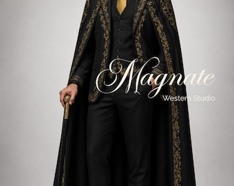 Royal Black Embroidered Cape Suit for Men | Luxury Groom Tuxedo with Regal Cloak | Gothic Wedding Suit | Custom Formal Menswear