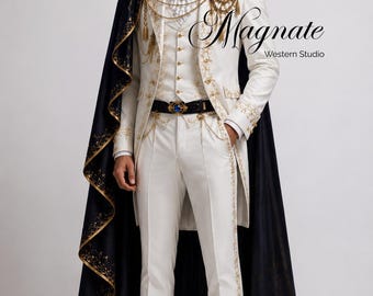Royal White Military Tailcoat Suit with Embroidered Cape | Luxury Prince Wedding Suit | Victorian Formal Menswear | Regal Ceremony Outfit