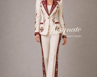 Traje de mujer estilo western bordado color marfil, traje de pantalón vaquero burdeos, traje de boda floral, atuendo nupcial western, traje formal de rodeo.