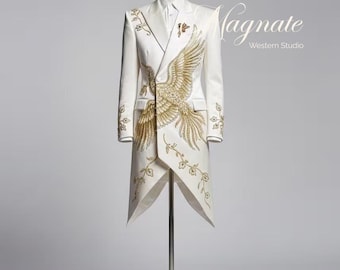 Opulent Ivory Tailcoat Suit with Gold Phoenix Embroidery | Couture Men's Tuxedo | Bespoke Wedding/Gala Suit