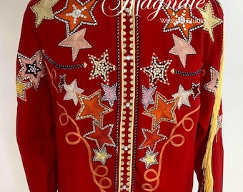 Herren Red Western Star Fringe Shirt Strass bestickt Cowboy Shirt Vintage Rodeo Kostüm Country Konzert Outfit Retro Western Wear