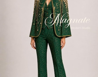 Emerald Green Cape Pantsuit for Women | Luxury Beaded Cape Set | Formal Evening Suit | the Bride Outfit | Couture Wedding Guest Ensemble