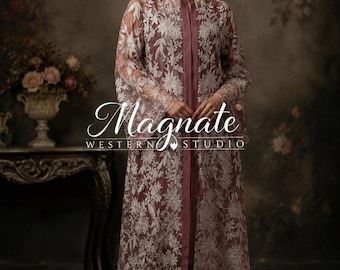 Dusty Rose Embroidered Cape Set | Floral Sheer Overlay with Trouser & Top | Elegant Modest Wear | Luxury Evening Outfit | Wedding Guest Dres