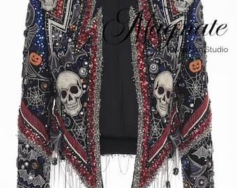 Hand-Embroidered Halloween Jacket – Beaded Skull & Pumpkin Blazer, Gothic Glam Statement Coat, Spooky Crystal and Sequin Costume Jacket