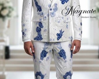 Traje de boda blanco de lujo, esmoquin azul rey con bordado floral 3D, traje de novio personalizado con bordado a mano, chaqueta y pantalón cruzados.