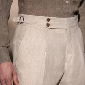 Maßgeschneiderte Elfenbein-Leinenhose für Herren, Gurkha-Hose, hohe Taille, Sommerbekleidung Business Casual Hochzeitskleidung