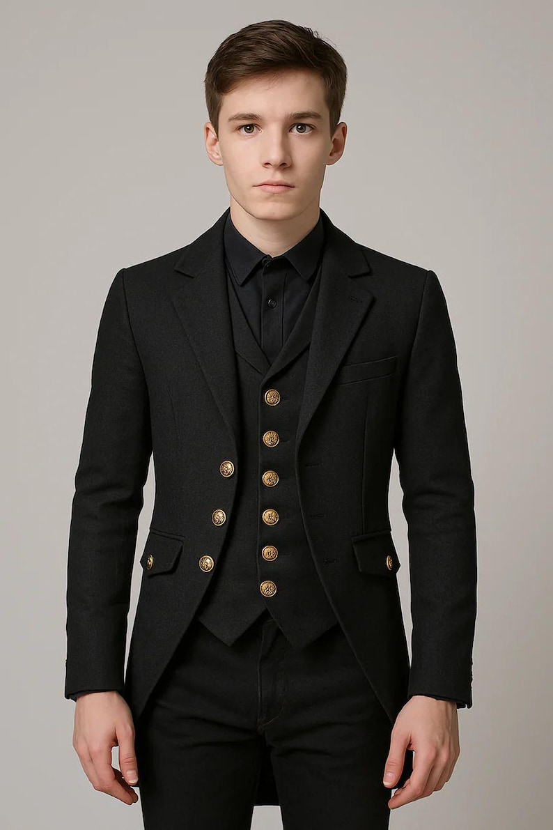 May include: A black suit with a matching vest and shirt. The suit jacket has gold buttons and a tailored fit. The vest also features gold buttons. The outfit is a formal style, suitable for special occasions.