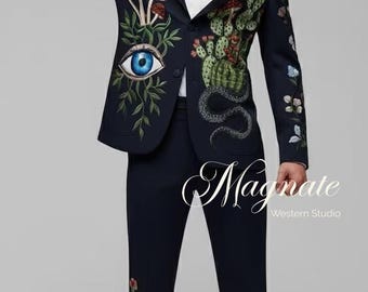 Westernanzug für Herren | Künstlerischer Boho Cowboy Blazer und Hose Set | Kaktus & Pilz Design | Festival, Hochzeit, oder Stagewear Outfit