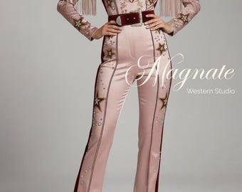 Luxury Western Star Jumpsuit - Pink Satin and Burgundy Velvet Rhinestone Cowgirl Bodysuit - Fringe Sleeve Cosmic Rodeo Jumpsuit
