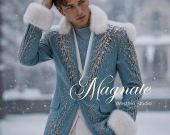 Luxury Ice Blue Winter Wedding Suit for Men, Fur Trim Tuxedo, Crystal Embroidered Blazer, Bespoke Groom Suit, Formal Prom Outfit.