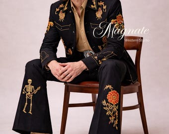 Bespoke Men’s Nudie Suit Set – Hand-Embroidered Black Western Couture – Custom Mariachi Skeleton & Celestial Embroidery –  Rockabilly Suit