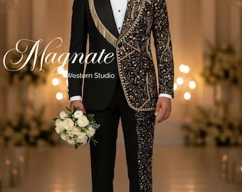 Traje de esmoquin negro de lujo con bordado dorado / Traje formal de diseñador hecho a mano para hombre / Traje de boda y fiesta