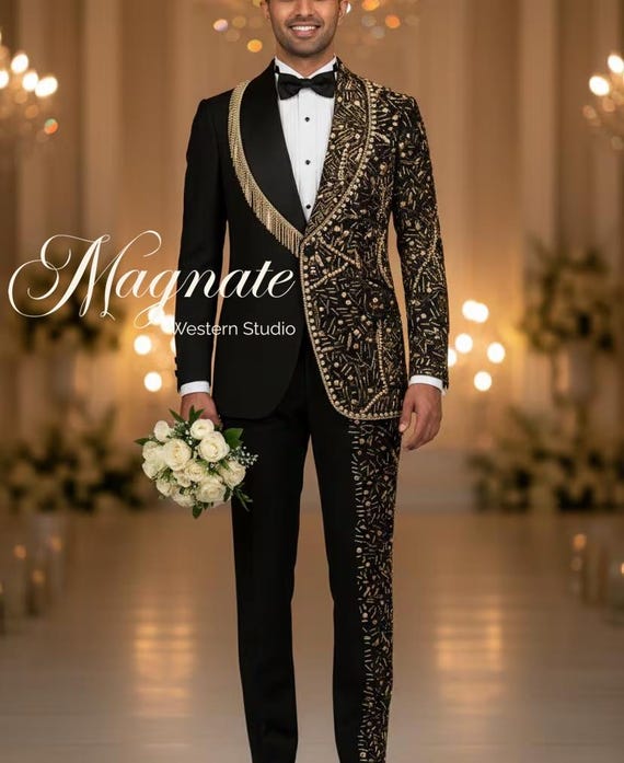 green emerald velvet dress Black Shawl Lapel 3-Piece Tuxedo Suit with Gold Honeycomb Rhinestone  Pattern | Wessi – Wessi