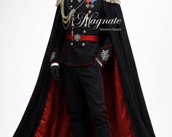 May include: A black military-style uniform with red accents, a red collar, and a black cape with a red lining. The uniform features gold embellishments, medals, and the text "Magnate Western Studio".