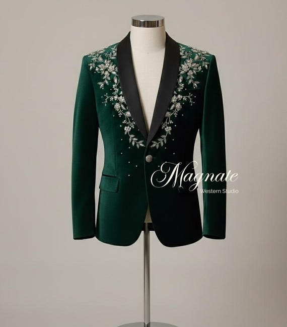 Bespoke Emerald Green Velvet Floral Suit | Hand-Embroidered Silver Wedding Tuxedo, Men’s Luxury Shawl Lapel Gala Suit, MagnateWestern Studio