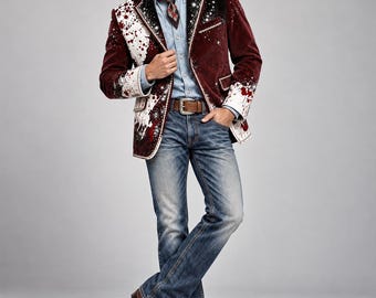 Herrkavaj i vinröd västern, cowboyjacka med strass, röd och vit utsmyckad scenrock, specialdesignad countrysångares bröllopsoutfit