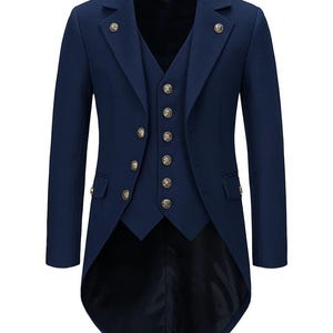 May include: A navy blue formal suit with a long tailcoat design. The suit includes a vest and jacket, both adorned with gold-colored buttons. The jacket has a classic lapel and a tailored fit, suitable for formal events.