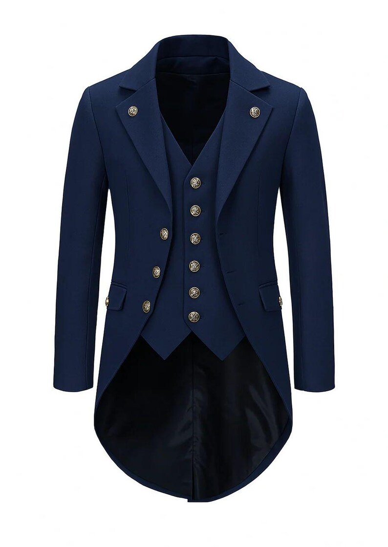 May include: A navy blue formal suit with a long tailcoat design. The suit includes a vest and jacket, both adorned with gold-colored buttons. The jacket has a classic lapel and a tailored fit, suitable for formal events.