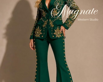 Smaragdgrüner Damen-Westernanzug, bestickter Cowgirl-Hosenanzug, maßgeschneiderter Country-Hochzeitsanzug, Western-Schlaghosenanzug, Nashville-Cowgirl-Set