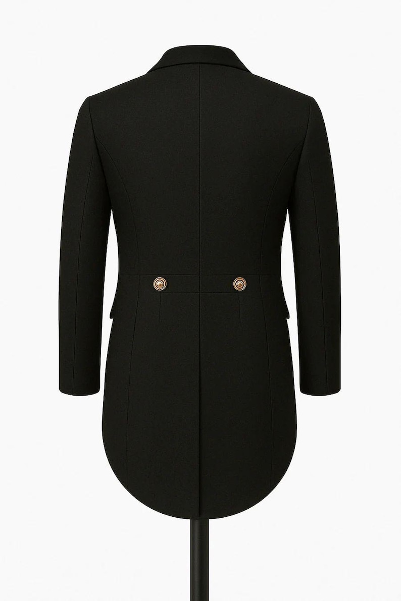 May include: A black tailcoat with a classic design. The coat features a notched collar, long sleeves, and two decorative gold buttons at the back. The coat has a curved hemline and is displayed on a mannequin.