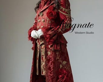 Royal Red Embroidered Coat | Victorian Baroque Long Jacket | Luxury Steampunk Festival Outfit | Elegant Costume Coat