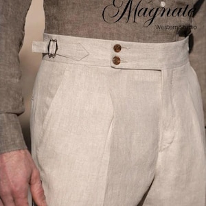 Pantaloni da uomo in lino color avorio personalizzati, pantaloni Gurkha, vita alta, abbigliamento estivo casual da lavoro e da matrimonio