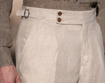 Pantalón Gurkha de lino marfil personalizado para hombre, cintura alta, ideal para verano, negocios, casual y bodas.